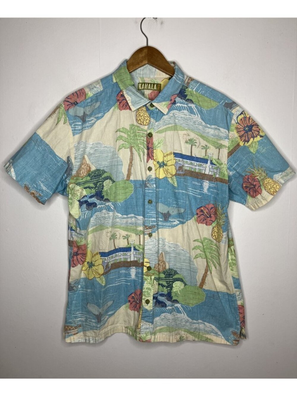 KAHALA Hawaiian Shirt Men's XL USA Blue Tropical Button Aloha Reverse